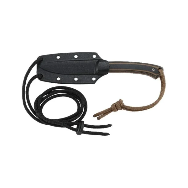 CRKT Biwa fixed drop point knife with brown handle, black sheath and coiled cord
