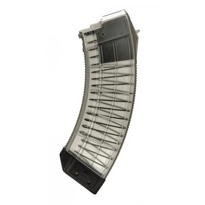 primary-54210 Century Arms US Palm AK30R Rifle Magazine, curved clear and black side view with visible spring