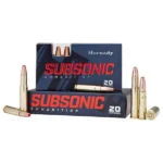 Hornady Subsonic Rifle Ammunition, two blue and red boxes with brass cartridges, front view
