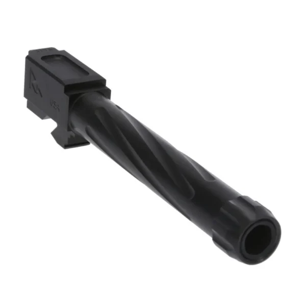 Rival Arms Glock Model 17 GEN3/4 barrel, black spiral-fluted barrel in angled front view