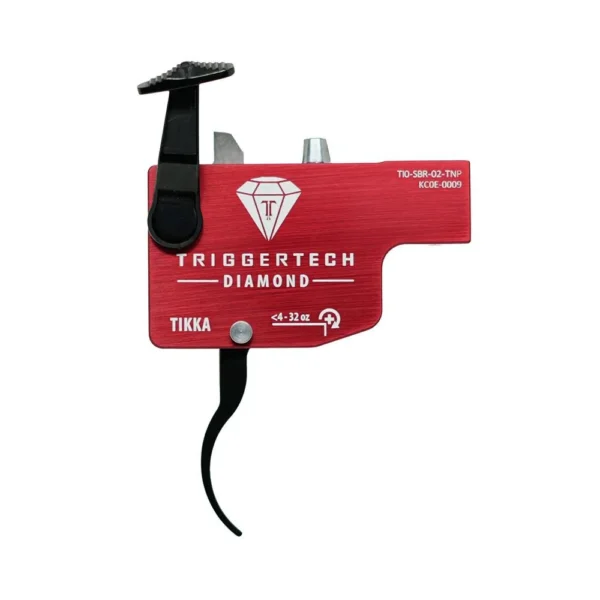 TriggerTech Tikka Diamond Trigger, right-side view with red housing and black curved trigger