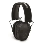 Walker's Razor Electronic Comm Muff, black earmuffs in front angled view