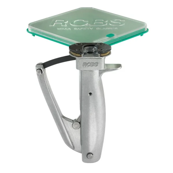 RCBS Universal Hand Priming Tool, front view with green tray, silver body and lever