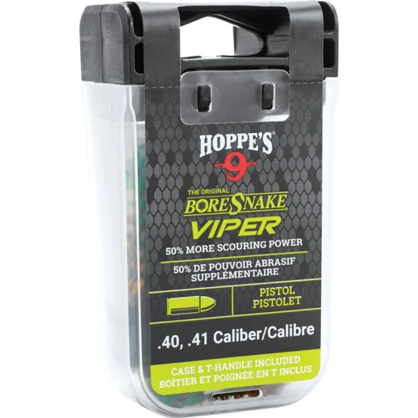 Hoppe's Viper Den Boresnake, front view in a clear and black handled storage case