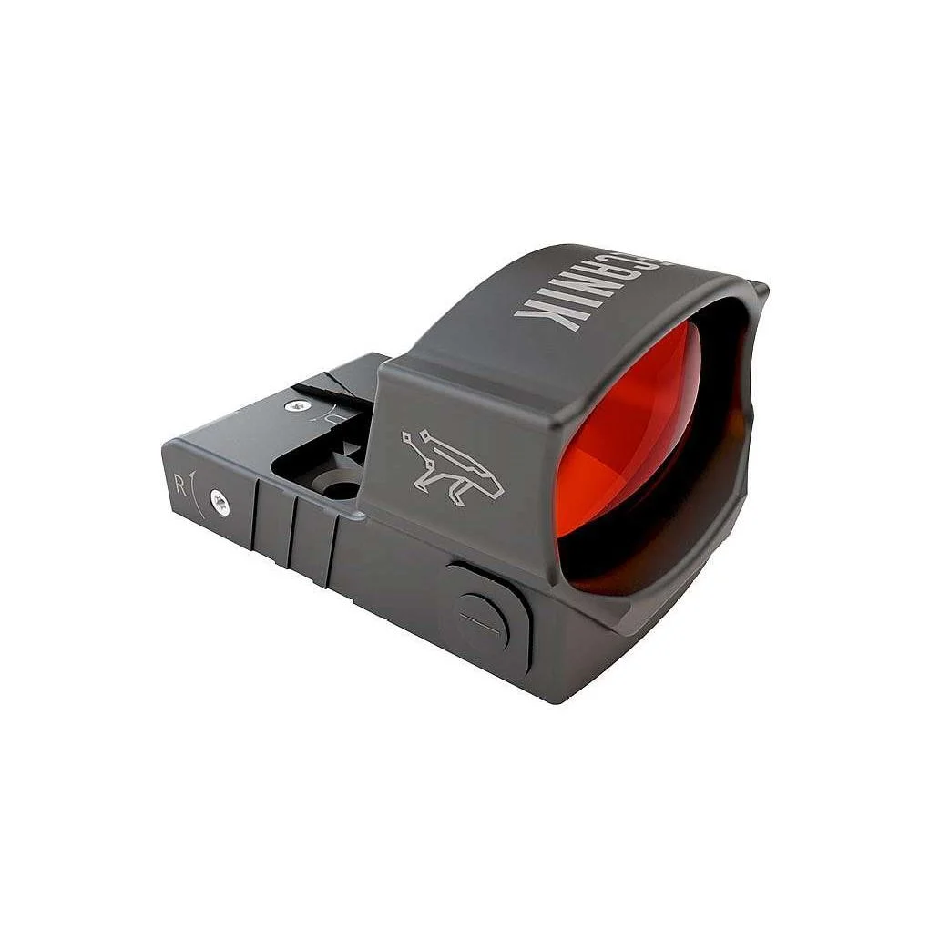 primary-54284 CANIK MECANIK MO2 red dot sight, black angled front view with red-tinted lens and mounting base