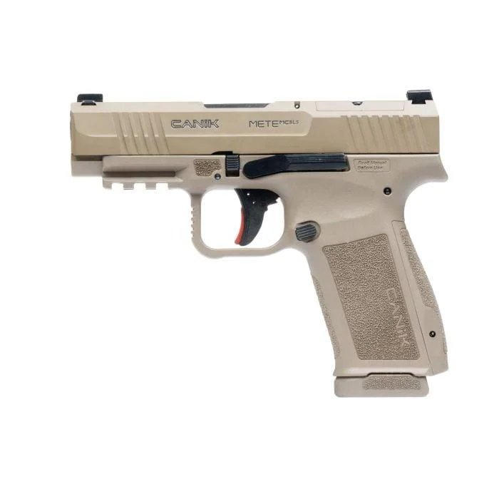primary-54292 CANIK MC9LS, flat dark earth pistol in left-side view with black trigger and sights