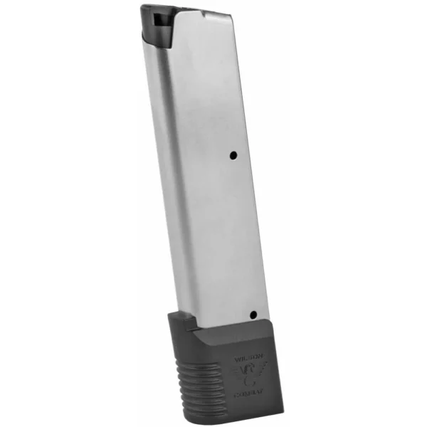 Wilson Combat Handgun Magazine for 1911, angled view of silver magazine with black base pad