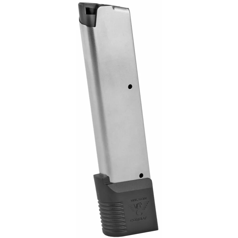 primary-54293 Wilson Combat Handgun Magazine for 1911, angled view of silver magazine with black base pad
