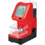 Hornady Auto Charge Pro Powder Scale, front view of red dispenser with display and clear tray cover