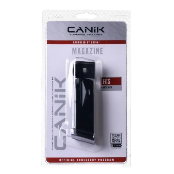 Century Arms Canik Mete MC9 Handgun Magazine, black magazine in white retail blister pack