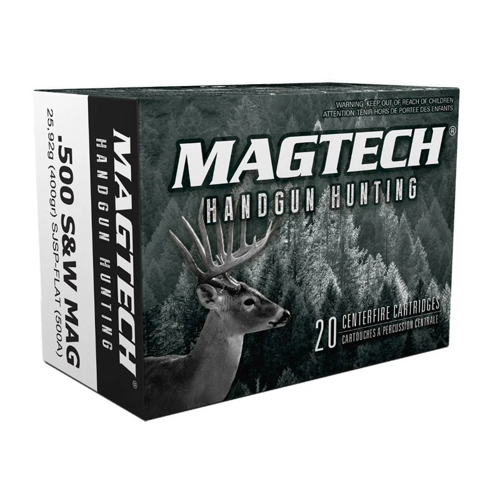 primary-54343 MagTech Handgun Ammunition, angled view of black and green box with deer graphic