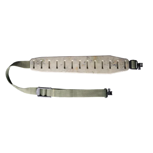 Quake Claw 2.0 rifle sling, side view of padded camouflage sling with black swivels