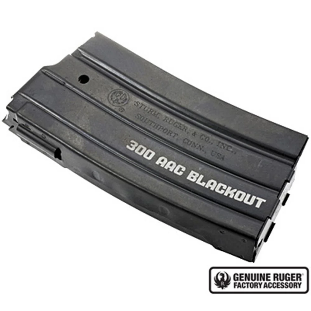 primary-54358 Ruger Mini-14 300BLK magazine, black angled side view with Ruger markings
