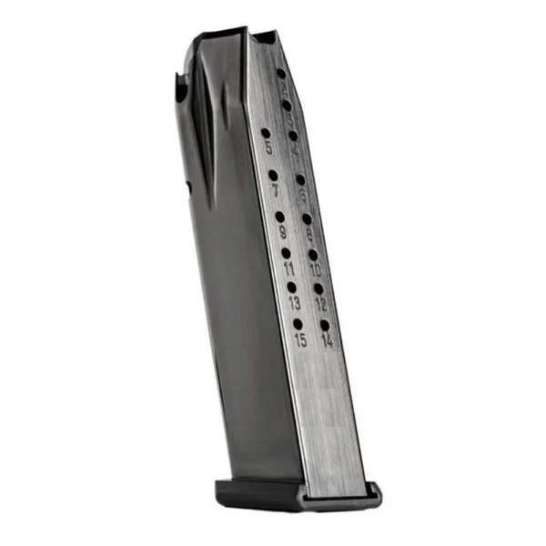 Century Arms Canik Full Size TP9/Mete Handgun Magazine, angled side view in black and silver