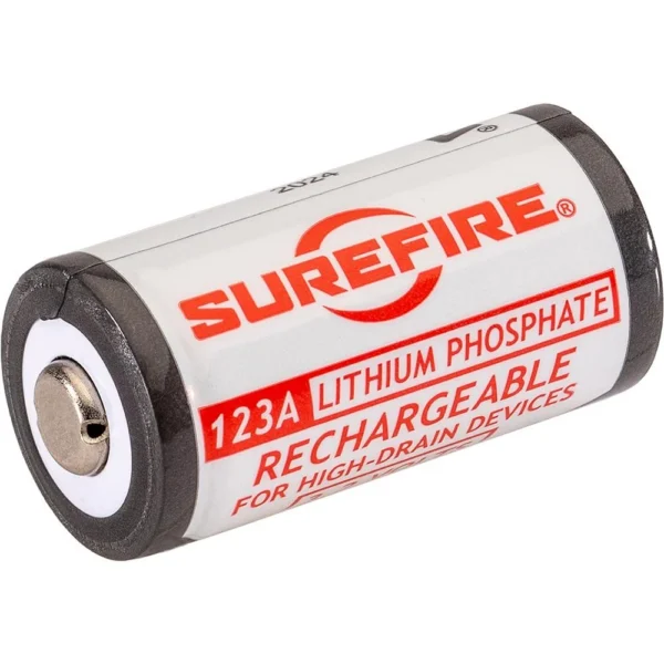 Surefire SFLFP123 Rechargeable Batteries single white and black battery in angled view