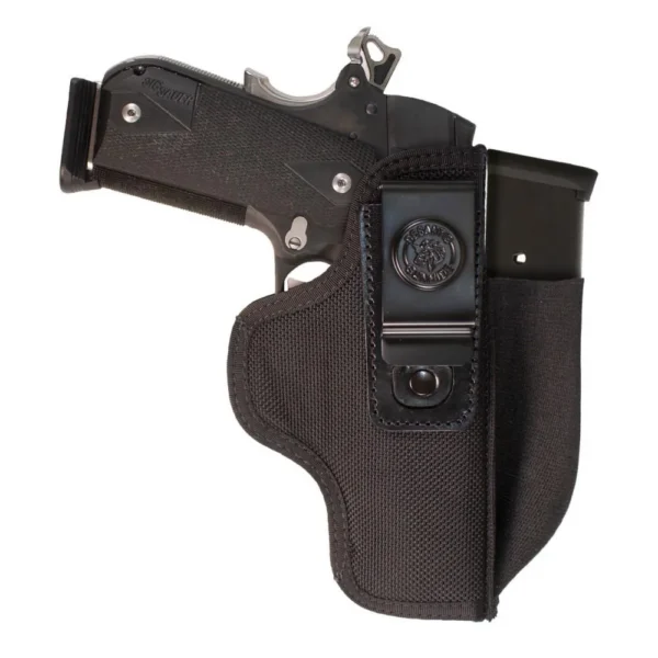 DeSantis Pro Stealth Glock 26/27/29 black holster, front view with clip and visible handgun