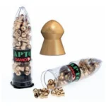 Gamo PBA Raptor Pellets, gold pellets beside two clear tubes and one enlarged pellet