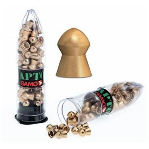 Gamo PBA Raptor Pellets, gold pellets beside two clear tubes and one enlarged pellet