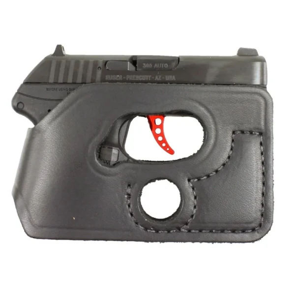 DeSantis Pocket Shot Holster, left-side view of black holster fitted around a compact handgun