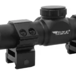 BSA Optix Rifle Scope, black left side view with adjustment turrets and mounting rings