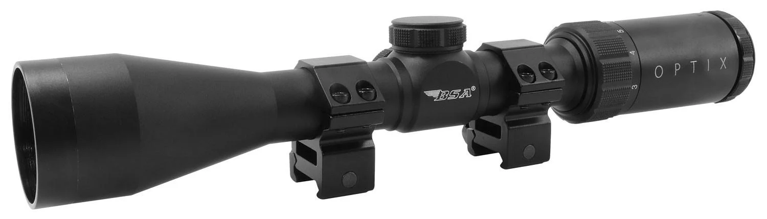 primary-54424 BSA Optix Rifle Scope, black left side view with adjustment turrets and mounting rings