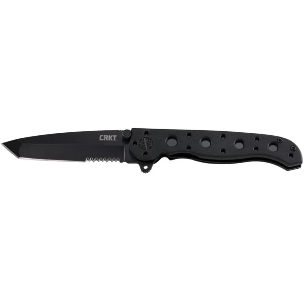 CRKT M16-10KZ Kit Carson knife, open side view with black blade and pierced black handle