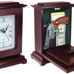 PS Products PS Concealment Clock Rectangle, dark wood clock shown closed and open with hidden compartment