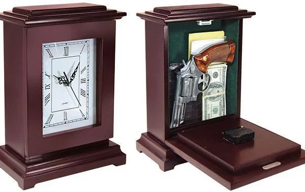 PS Products PS Concealment Clock Rectangle, dark wood clock shown closed and open with hidden compartment