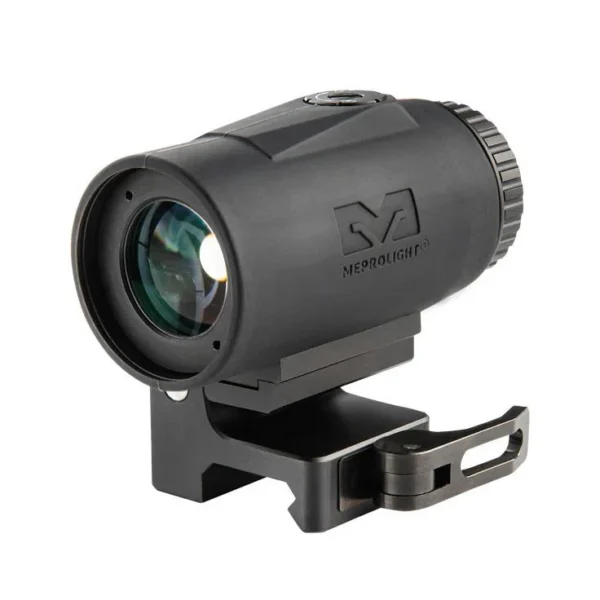 Meprolight MEPRO MMX3 black magnifier, front angled view with flip mount and release lever