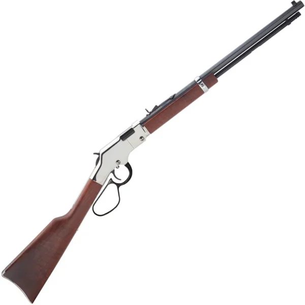 Henry H4 Golden Boy Silver LL rifle, right side view with silver receiver and brown stock