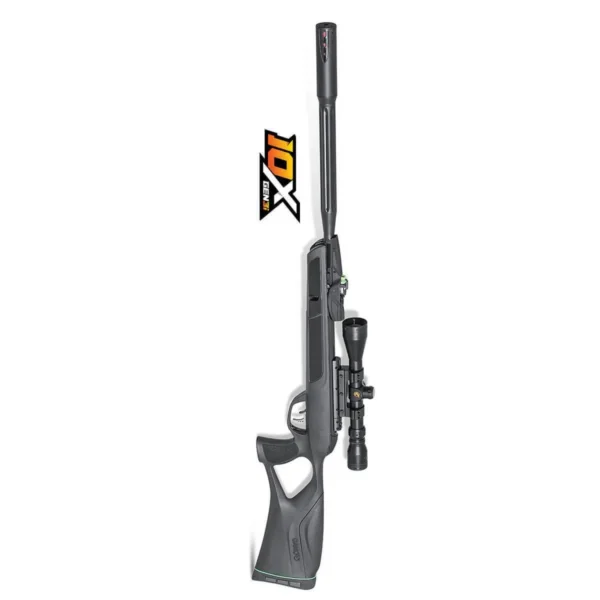 Gamo Swarm Fusion 10X GEN3i black air rifle in right-side view with scope and raised barrel