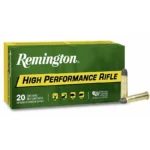Remington High Performance Rifle Ammunition, green box front view with two cartridges