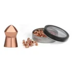 Gamo PBA Bullet Pellets, copper-colored pellet beside open tin and scattered pellets