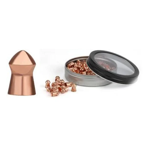 Gamo PBA Bullet Pellets, copper-colored pellet beside open tin and scattered pellets