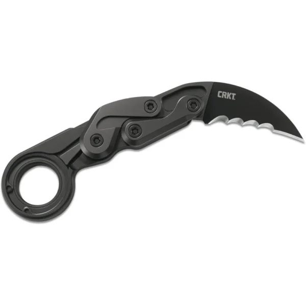 CRKT Provoke Folding Knife, black side view with curved serrated blade and finger ring