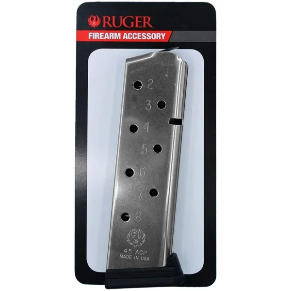 Ruger SR1911 Magazine, stainless steel with black baseplate in retail packaging