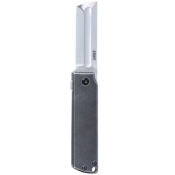 CRKT MinimalX, open folding knife with silver cleaver blade and grey rectangular handle, side view