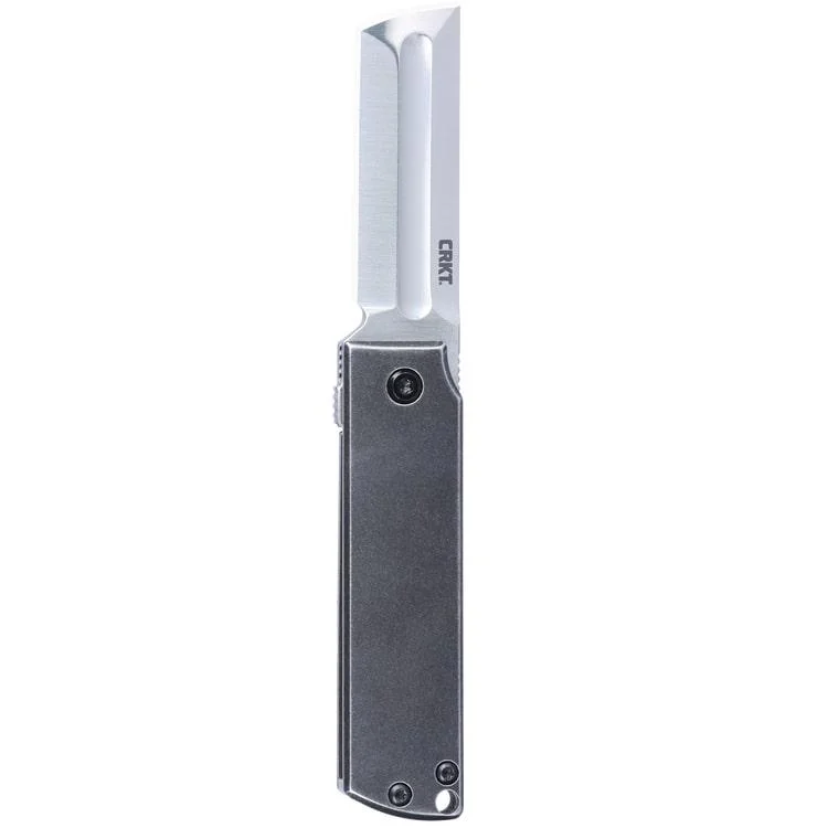 primary-54456 CRKT MinimalX, open folding knife with silver cleaver blade and grey rectangular handle, side view
