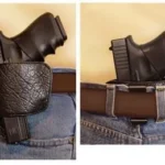 PS Products PS PROD Belt SLD Holster BLK MED/LG, front and rear views worn on a brown belt