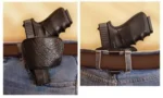 PS Products PS PROD Belt SLD Holster BLK MED/LG, front and rear views worn on a brown belt