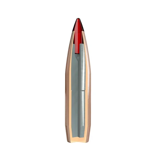 Hornady ELD-X 30CAL, cutaway side view showing copper-coloured jacket and red pointed tip
