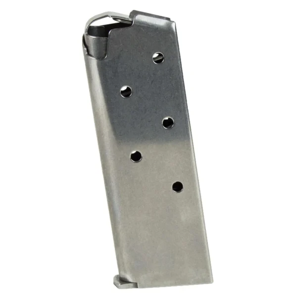 Sig Sauer P238 Magazine, blued metal angled front view with six witness holes