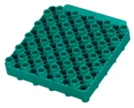 RCBS Universal Case Loading Block, green top view with a grid of circular case openings