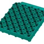 RCBS Universal Case Loading Block, green top view with a grid of circular case openings