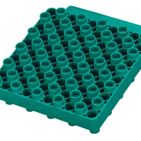 RCBS Universal Case Loading Block, green top view with a grid of circular case openings