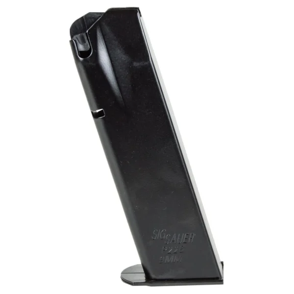 Sig Sauer P226 Magazine black metal magazine in angled side view with base plate