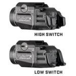 Streamlight TLR-7X black rail-mounted light, two side views with high and low switches