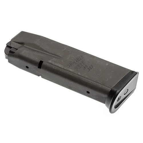 primary-54477 Sig Sauer P229 Magazine, black angled side view with witness holes and base plate