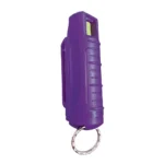 PS Products PS Eliminator purple pepper spray canister, front view with ribbed grip and key ring