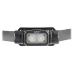 Streamlight Sledge Headlamp, black front view with two LEDs, wide headband and top handle